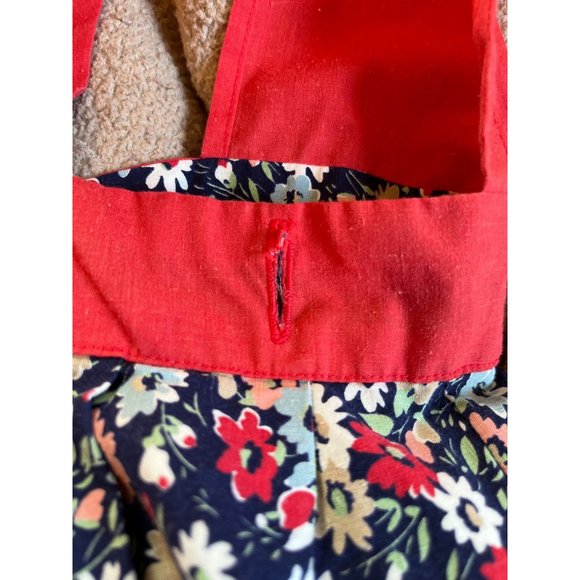 Vintage Womens Tie Apron Handmade Red Top Blue Floral Skirt Wrap Around Bow Long - Picture 5 of 7